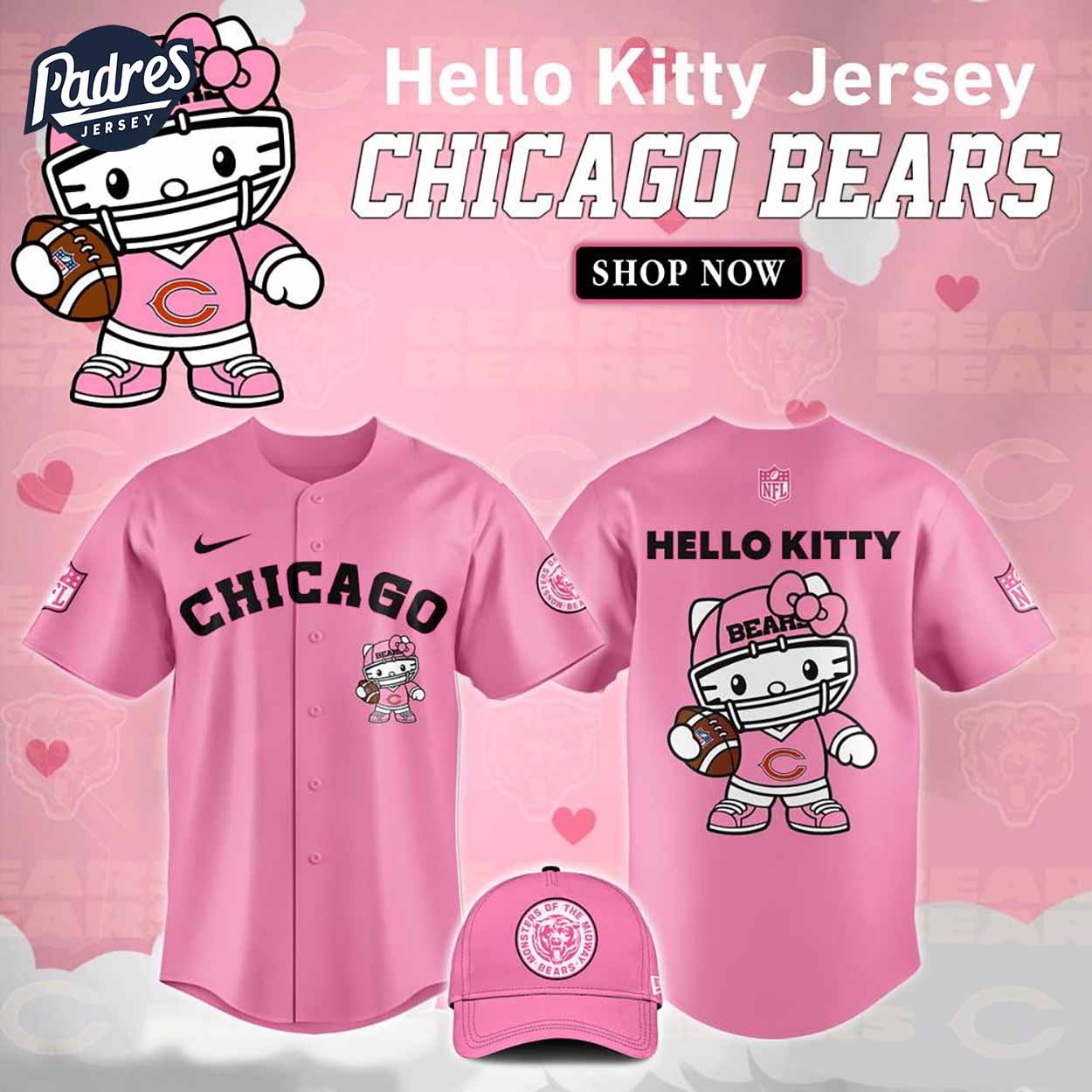 Chicago Bears Hello Kitty Pink NFL Baseball Jersey - Padres Jersey Oasis: Elevate Your Baseball Style Game