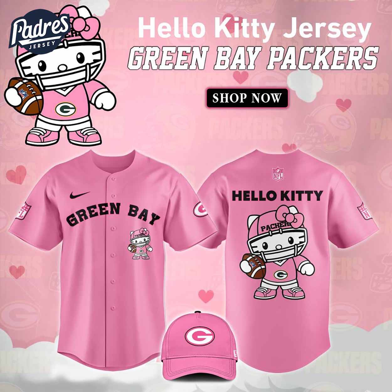 Green Bay Packers Hello Kitty Pink NFL Baseball Jersey - Padres Jersey Oasis: Elevate Your Baseball Style Game