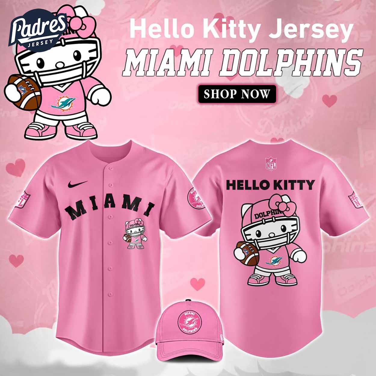 Miami Dolphins Hello Kitty Pink NFL Baseball Jersey - Padres Jersey Oasis: Elevate Your Baseball Style Game
