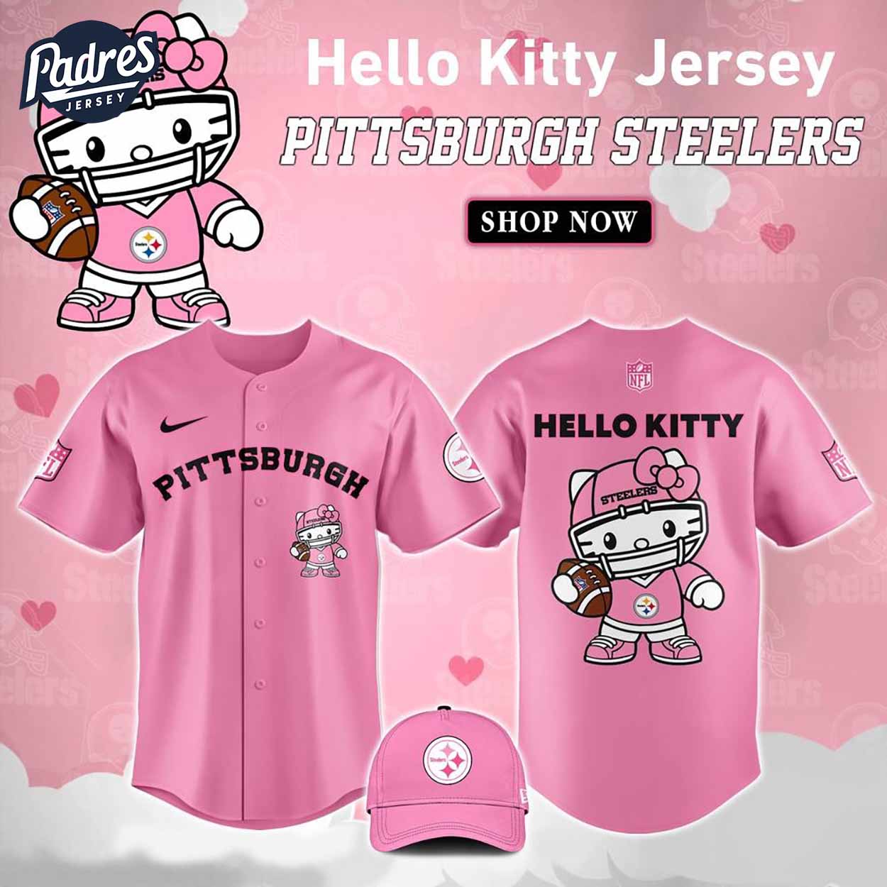 Pittsburgh Steelers Hello Kitty Pink NFL Baseball Jersey - Padres Jersey Oasis: Elevate Your Baseball Style Game