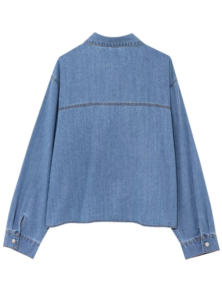 MEENNA Trendy Denim Shirt – Long-Sleeve Button-Up Jean Blouse with Unique Collar Detail, Stylish Design ZM874