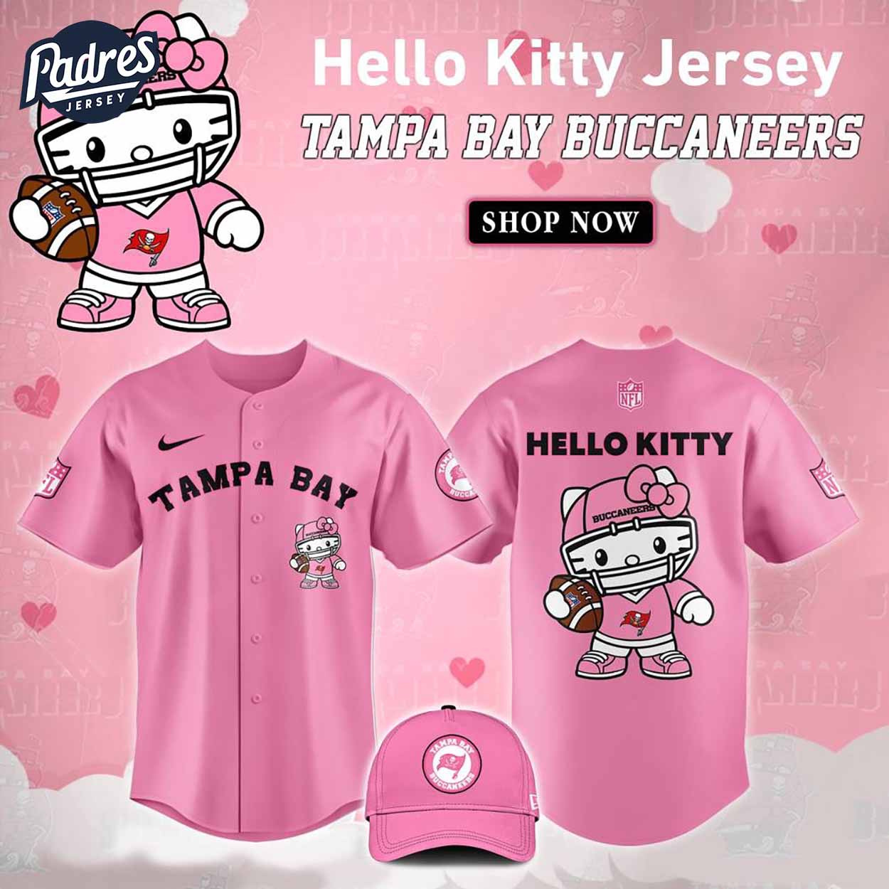 Tampa Bay Buccaneers Hello Kitty Pink NFL Baseball Jersey - Padres Jersey Oasis: Elevate Your Baseball Style Game