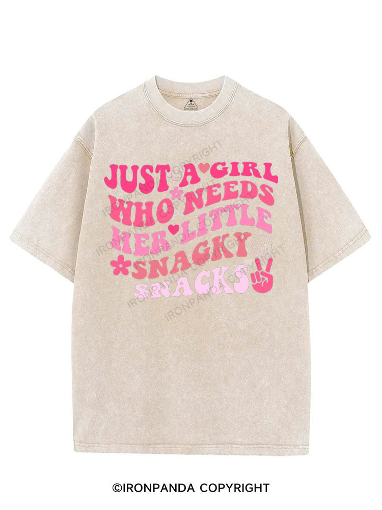 JUST A GIRL WHO NEEDS HER LITTLE SNAGKY SNACKS VINTAGE GYM SHIRT