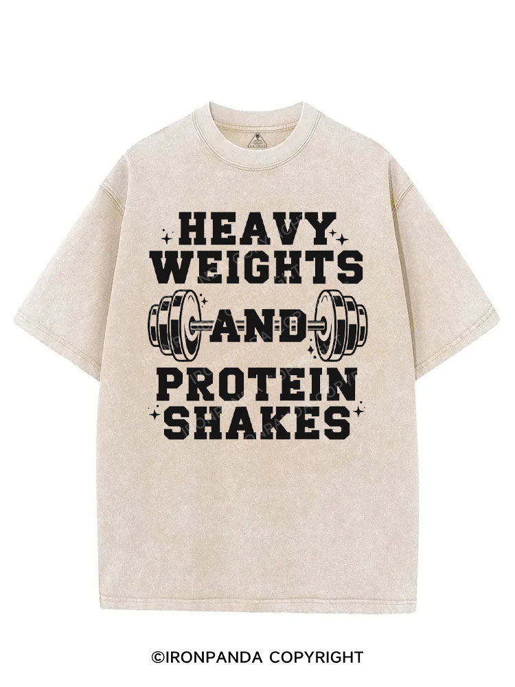 HEAVY WEIGHTS AND PROTEIN SHAKES VINTAGE GYM SHIRT
