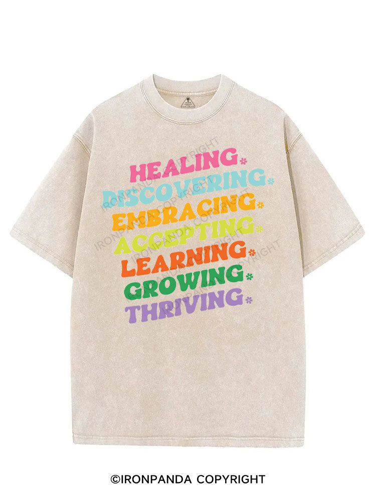 HEALING DISCOVERING EMBRACING ACCEPTING LEARNING GROWING THRIVING VINTAGE GYM SHIRT