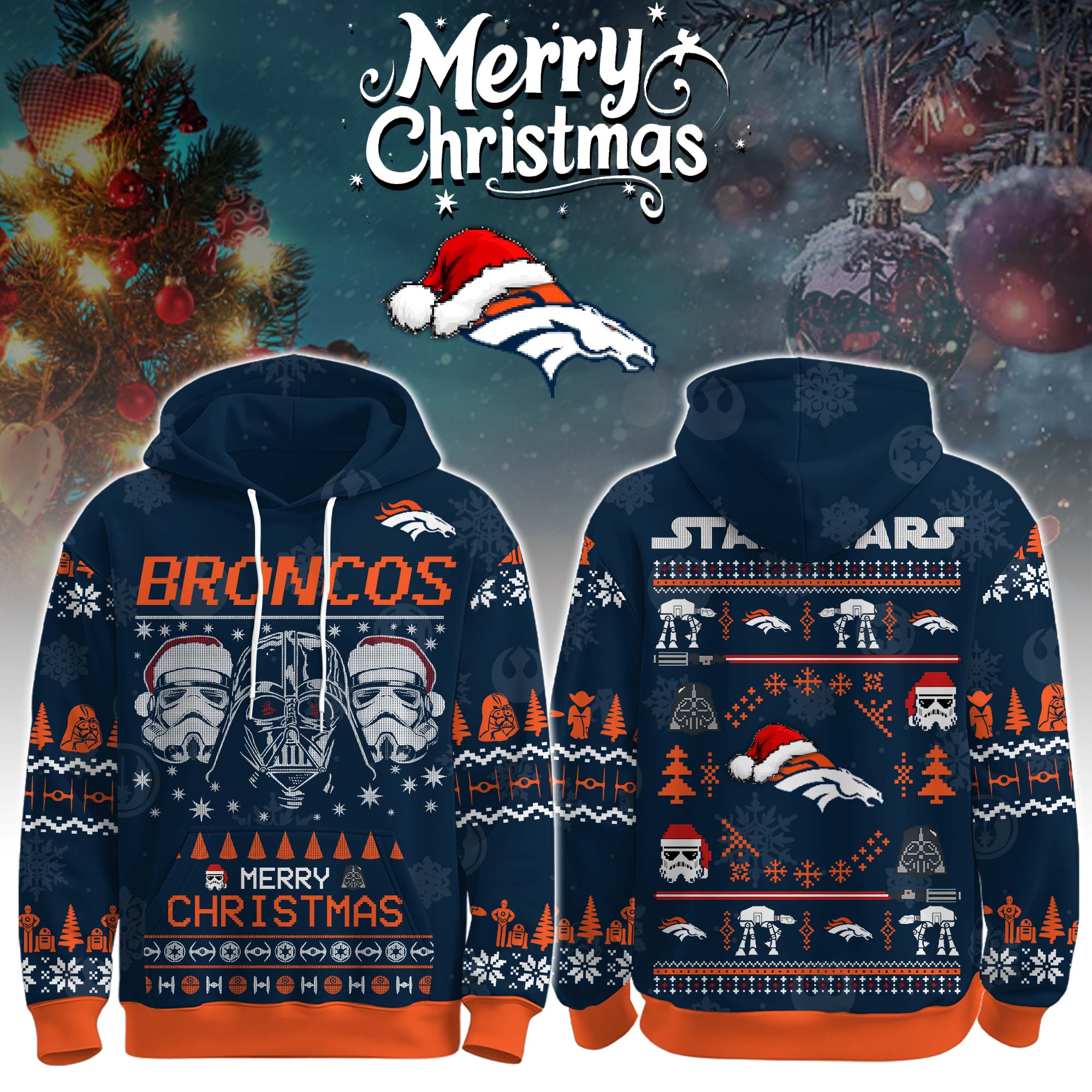 Unisex Broncos Merry Christmas The Force Edition Hoodie