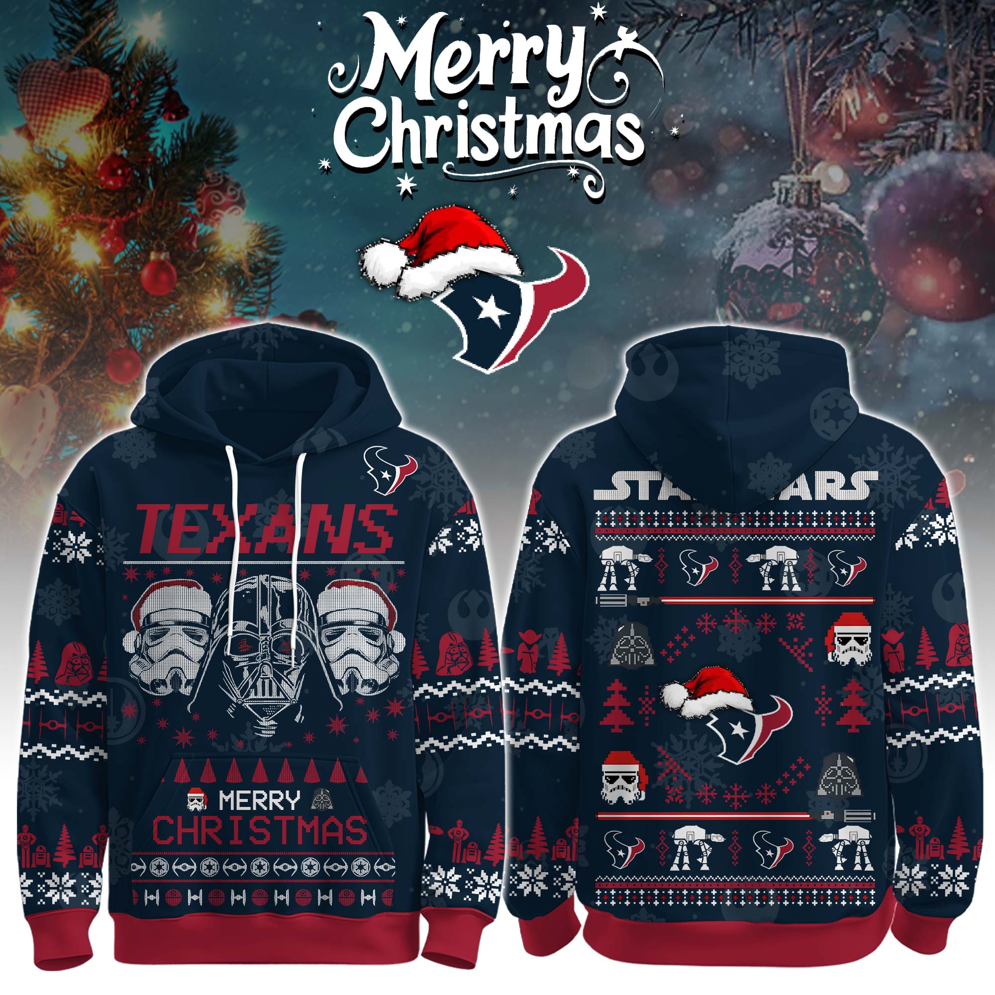 Unisex Texans Merry Christmas The Force Edition Hoodie