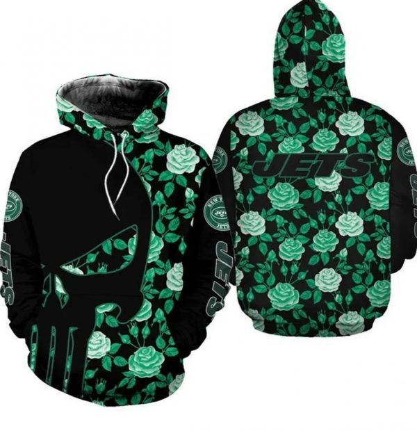 Nfl New York Jets Team Skull And Flowers For Gift 3d Hoodie