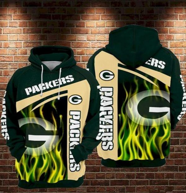 Green Bay Packers Nfl Football Fire Green 3d Hoodie For Men