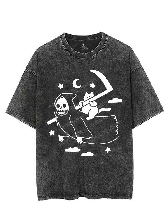 CAT RIDING GRIM REAPER VINTAGE GYM SHIRT