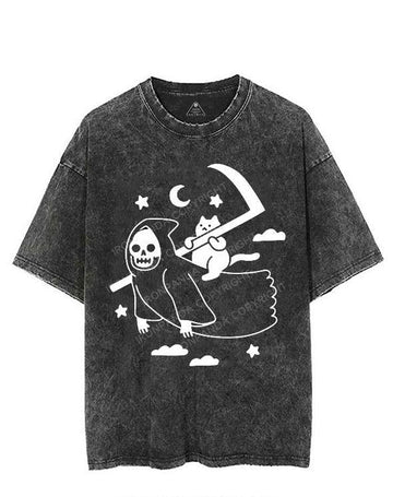 CAT RIDING GRIM REAPER VINTAGE GYM SHIRT